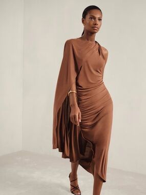 Reiss Kyra Cap Sleeve Jersey Dress in Brown